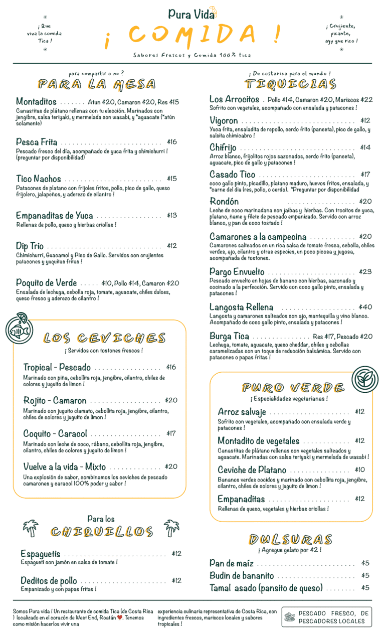 A colorful menu featuring fresh seafood and traditional dishes from Roatan, Honduras, with handwritten-style text, decorative illustrations, and sections for dishes like montaditos, ceviches, and desserts, all presented on a light background with tropical-themed accents.