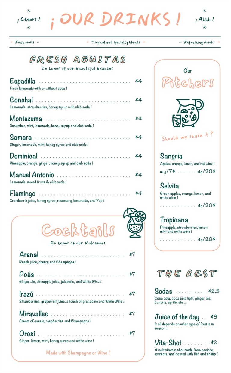 This business listing on RoatanYP.com features a colorful drink menu with tropical and alcoholic beverages, including fresh aguitas, cocktails, and sangria, set against a pink and teal themed background representing Roatan, Honduras.