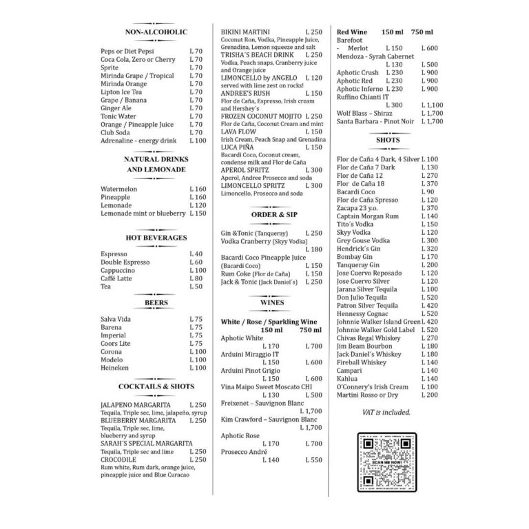 A menu on a business listing from RoatanYP.com for a dining establishment in Roatan, Honduras, displays a variety of non-alcoholic drinks, cocktails, beers, wines, and shots, with prices listed in local currency.