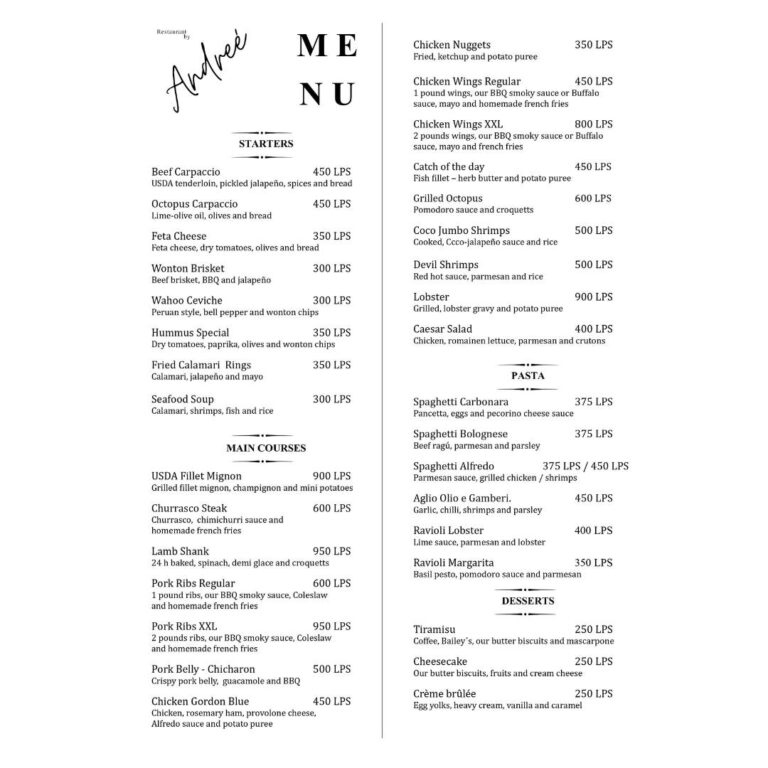 A restaurant menu with the name "André" displaying a variety of starters, main courses, pasta dishes, and desserts, set against a plain white background.