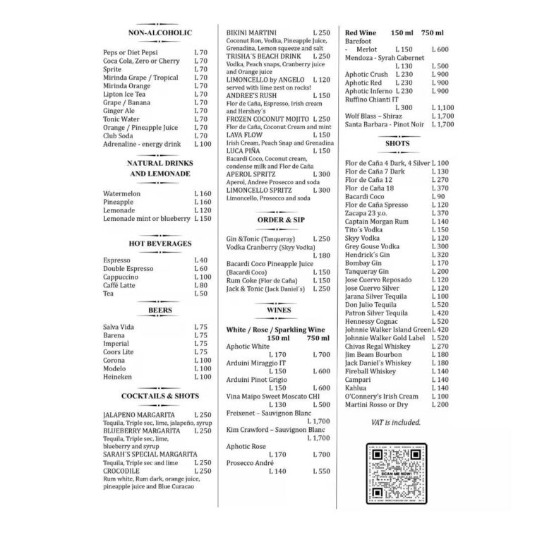 A close-up of a menu showing various drinks and cocktails with clear text listing items and prices in Honduran Lempiras at a business on Roatan, Honduras.