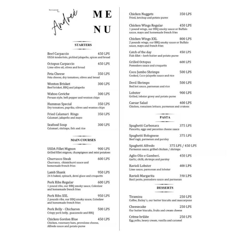 Close-up of a restaurant menu from Roatan, Honduras, featuring a variety of seafood, steaks, pasta, and desserts on white paper with black text, including dishes like Wahoo Ceviche, Lamb Shank, and Cheesecake.