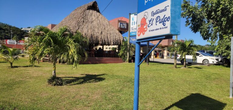 A thatched-roof restaurant called El Pulpo is surrounded by palm trees and greenery in Roatan, Honduras, with a prominent sign advertising its name and slogan, and a parking lot with several cars visible nearby.