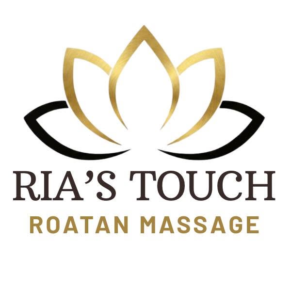 A logo featuring a stylized gold and black lotus flower above the text RIA'S TOUCH ROATAN MASSAGE, representing a wellness business in Roatan, Honduras.