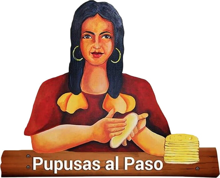 A colorful sign for Pupusas al Paso features a painted woman with dark hair, gold hoop earrings, and a red shirt, holding a pupusa in her hands, with a stack of pupusas beside her, promoting street food in Roatan, Honduras.