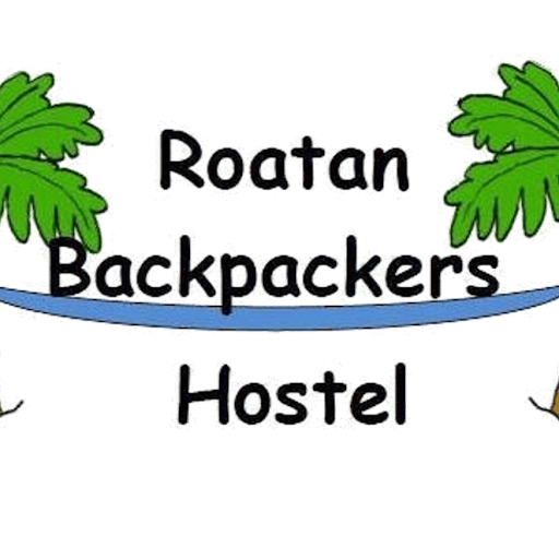 The Roatan Backpackers Hostel logo features green palm trees, a blue wave, and black text on a transparent background, representing a backpacker accommodation in Roatan, Honduras.