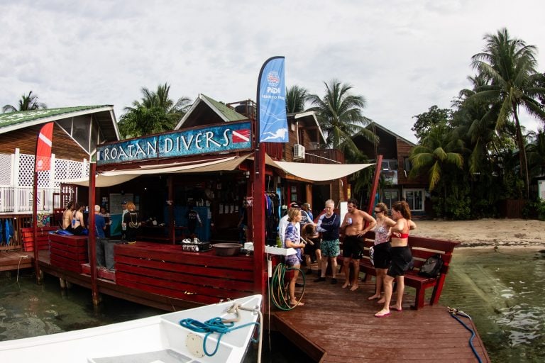 A crowd of people gathers on a wooden dock at Roatan in Honduras, with a building displaying a "Roatan Divers" sign and colorful flags promoting scuba diving, surrounded by palm trees and boats in the water.