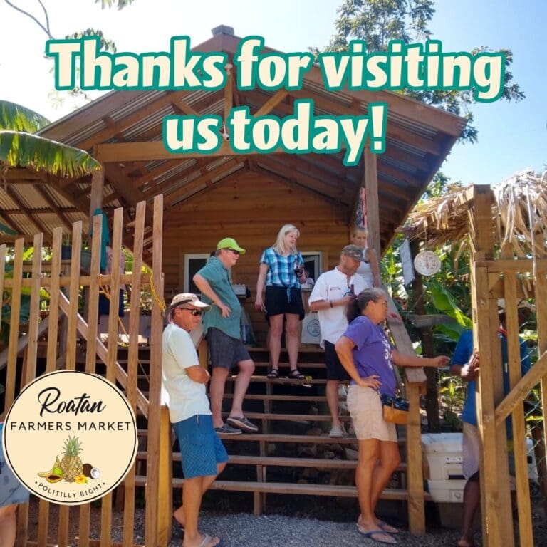 A group of people stands on wooden stairs and a small porch in front of a rustic wooden building, with tropical trees and plants around, as part of a business listing for Roatan Farmers Market in Roatan, Honduras.