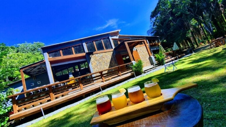A modern wooden and stone building with outdoor seating is surrounded by lush greenery and tall trees on Roatan, Honduras, with a tray of four colorful cocktails with lemon garnishes in the foreground.