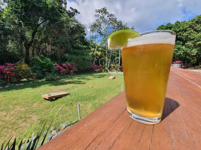 A glass of golden beer with a lime wedge on the rim is placed on a wooden surface outdoors in a lush, green garden in Roatan, Honduras, with vibrant tropical plants and trees under a partly cloudy sky.
