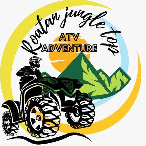 A logo for Roatan Jungle ATV Adventure in Honduras features an illustration of an ATV rider wearing a helmet, surrounded by stylized green mountains and circular design elements with the text "Roatan jungle ATV Adventure.