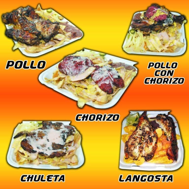 An assortment of traditional Honduran grilled chicken dishes with various toppings is displayed on white trays against a vibrant orange background, showcasing different preparations such as pollo, pollo con chorizo, chulleta, and langosta, on Roatan in the Bay Islands of Honduras.