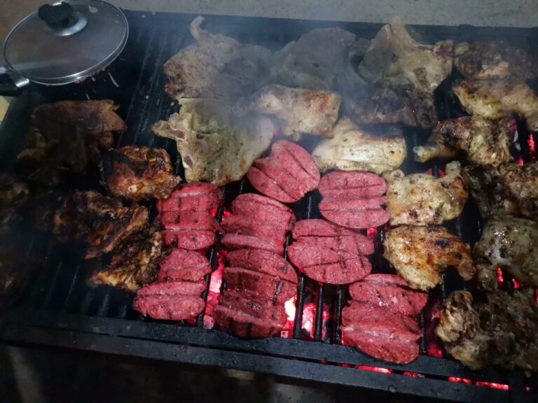 Grilled meats, including beef, chicken, and pork, cooking over hot charcoal on a grill in Roatan, Honduras.