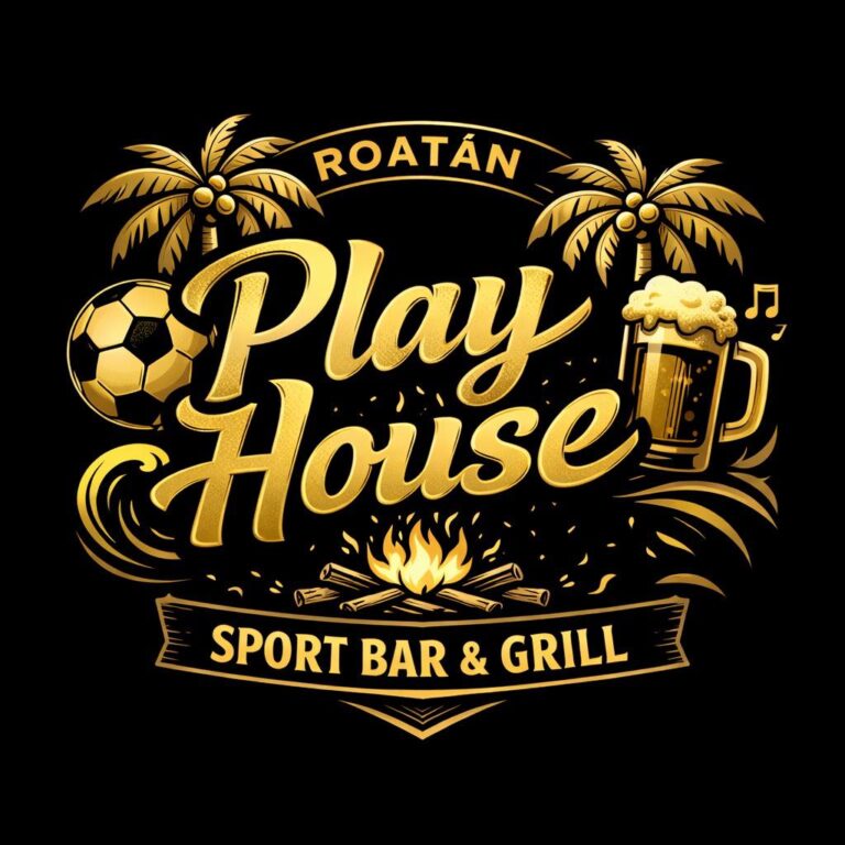 The logo for Play House Roatan, a sport bar and grill, features gold and black colors with tropical palm trees, a soccer ball, a beer mug, and a campfire motif, representing a lively entertainment venue in Roatan, Honduras.