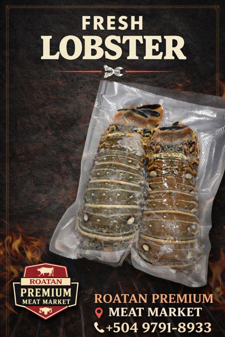 A package of fresh, vacuum-sealed lobster is displayed on a dark surface in this business listing for Roatan Premium Meat Market in Roatan, Honduras.