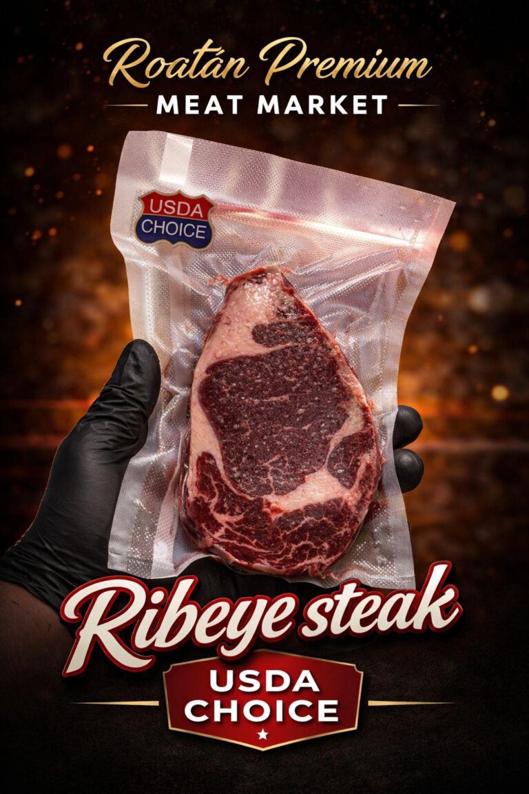 A person wearing a black glove holds a packaged USDA Choice ribeye steak against a dark, fiery background in this promotional image for Roatan Premium Meat Market in Roatan, Honduras.