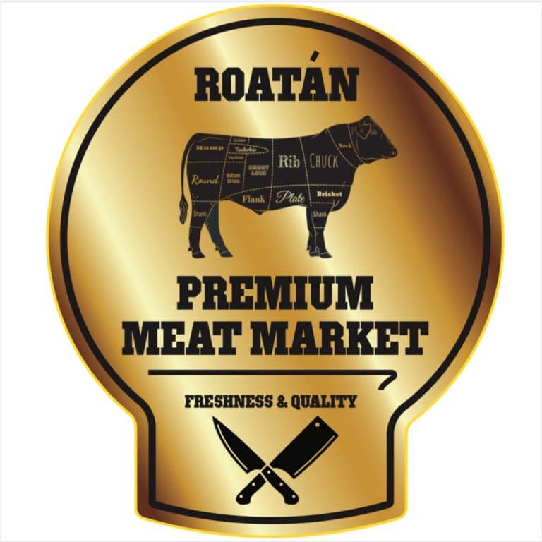 A circular logo for a premium meat market in Roatan, Honduras, featuring a black illustrated beef cut chart with the text "Roatan" at the top and "Premium Meat Market" below, along with the slogan "Freshness & Quality" and crossed knives at the bottom.