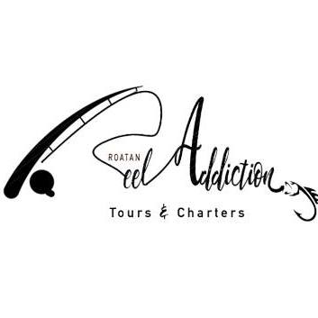The logo for Roatan eel Addiction Tours & Charters features a stylized fishing rod with a reel and a fishing line forming the text "Roatan eel Addiction," along with a small illustration of a fish at the end, representing a business offering fishing tours and charters in Roatan, Honduras.