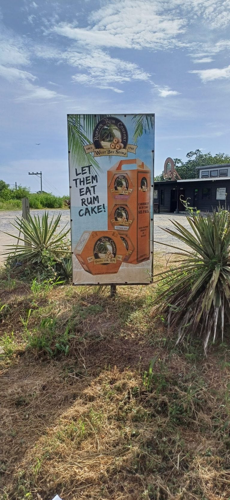 A colorful sign advertising rum cakes by Roatan Rum Company in Roatan, Honduras, is placed outdoors among desert plants with a blue sky and scattered clouds in the background.