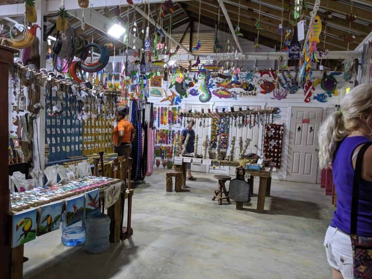 Colorful handmade wooden tropical animal and bird decorations are displayed in a shop at Roatan, Honduras, with shelves of jewelry and artwork in the background.