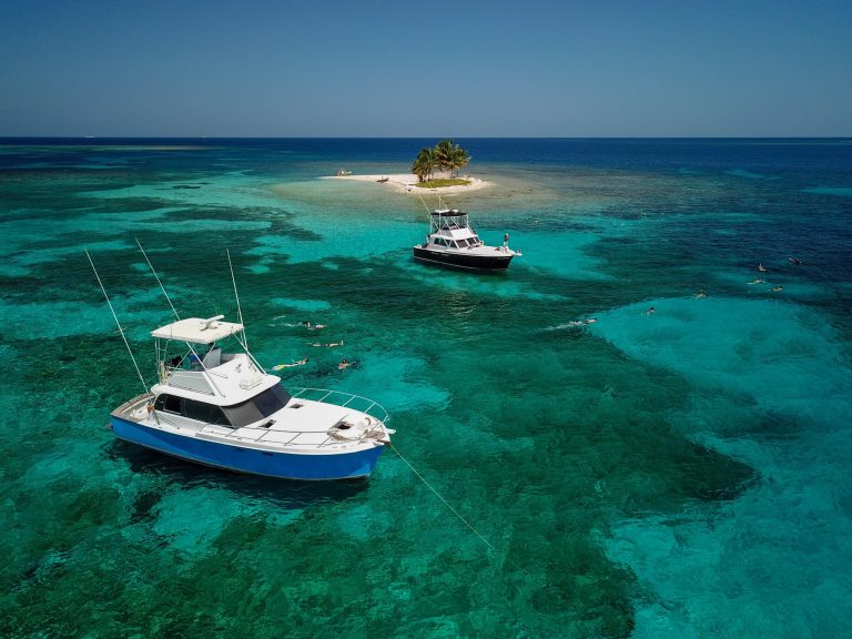 A small tropical island with palm trees surrounded by clear blue waters, featuring moored boats and visible coral reefs near Roatan, Honduras.