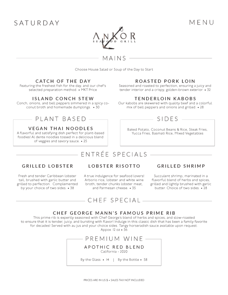 A menu from Ankor Seafood Grill in Roatan, Bay Islands, Honduras, displaying various seafood dishes including grilled lobster, lobster risotto, and grilled shrimp.