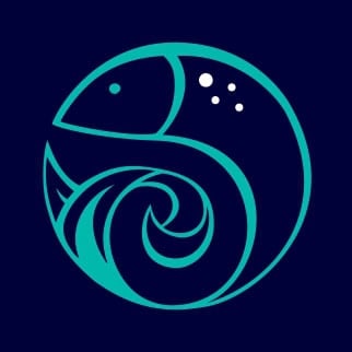 A stylized logo resembling a fish and wave design in shades of teal and white on a dark blue background, representing a business in Roatan, Honduras.