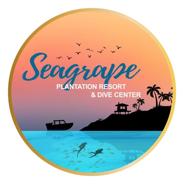 A circular logo featuring a silhouette of a sunset over water with palm trees, a boat, and scuba divers, promoting Seagrape Plantation Resort & Dive Center in Roatan, Honduras.