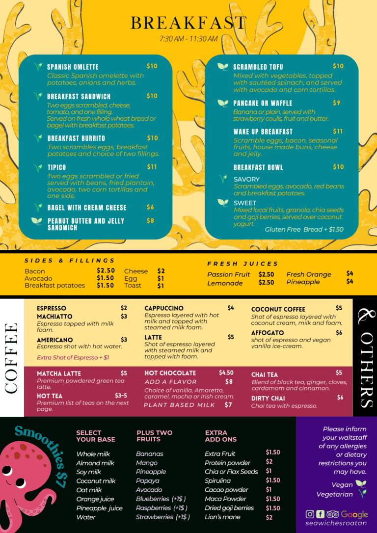 Seawiches Roatan menu - Breakfast