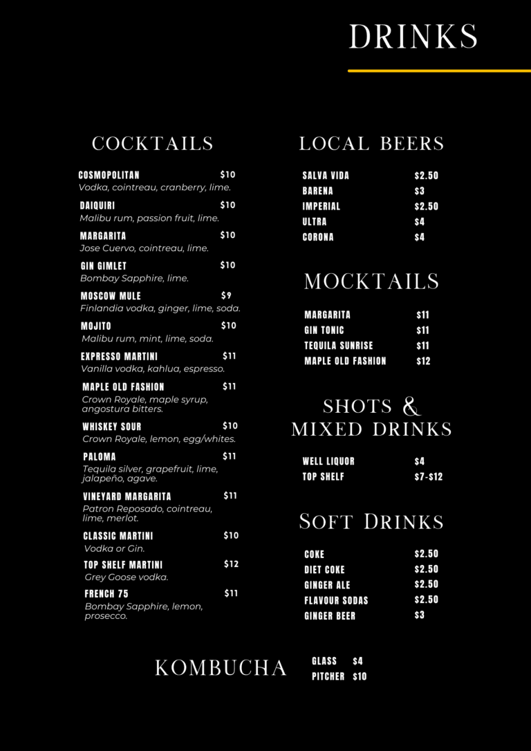 Seawiches Roatan menu - Drinks