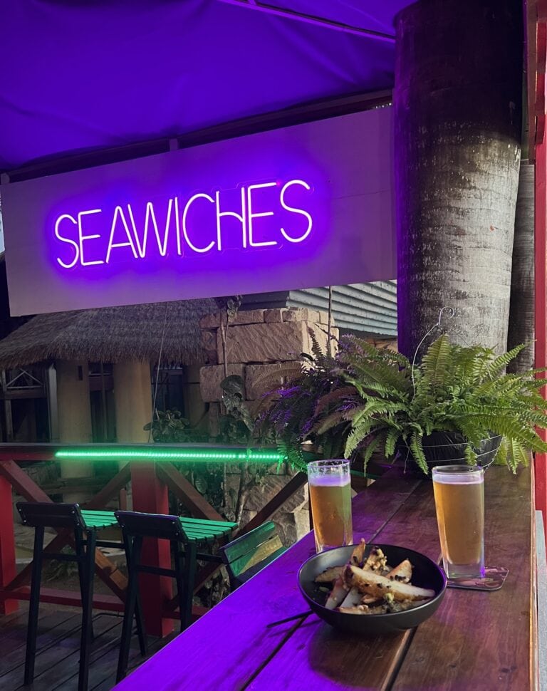 A table at a restaurant in Roatan, Honduras, features a bowl of fries with toppings, two tall glasses of beer, and a neon purple "SeaWiches" sign illuminated against a purple-lit background.