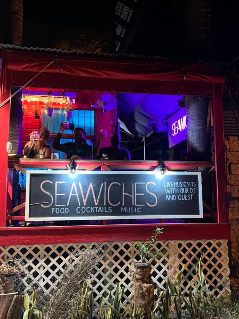 A lively nighttime scene on Roatan, Honduras, features a two-level outdoor bar or restaurant with a neon sign reading "SEAW" and a chalkboard menu highlighting food, cocktails, and music, while people on the upper deck enjoy drinks and live music under colorful lighting.