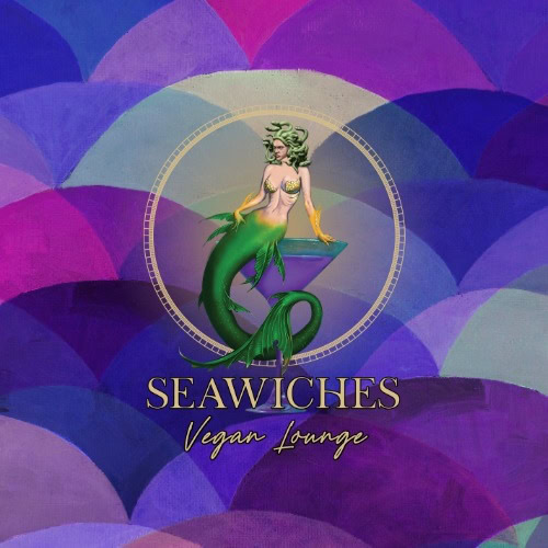 A colorful mural featuring a mermaid with green hair and a green tail, surrounded by purple and blue abstract shapes, promoting Seawiches Vegan Lounge in Roatan, Honduras.