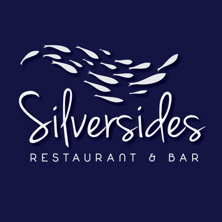 The Silversides Restaurant & Bar logo features a navy blue background with a white stylized school of fish above the name, highlighting a seafood theme associated with Roatan, Honduras.