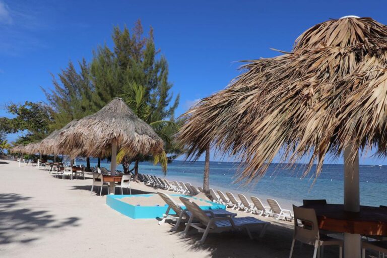 A sandy beach in Roatan, Honduras, features thatched palapa umbrellas, white lounge chairs, and tropical trees overlooking the calm blue ocean under a clear sky.