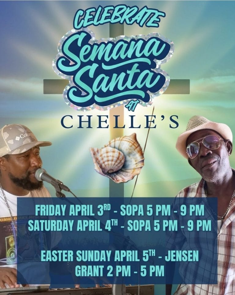 A promotional poster for Semama Santa celebrations at Chell's in Roatan, Honduras, featuring two men with musical instruments and seaside-themed graphics, including a conch shell, against a colorful sky background.