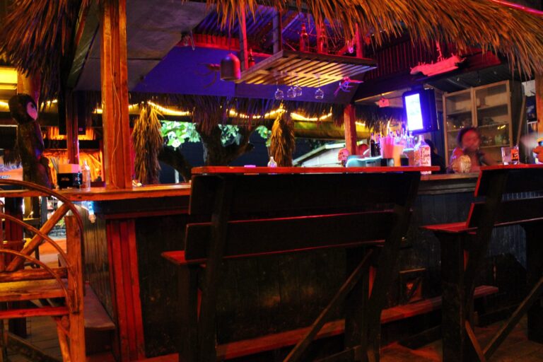 A lively outdoor bar on Roatan, Honduras, decorated with tropical thatch roofing, wooden furniture, and colorful lighting, with a drink station and a bartender visible behind the counter.