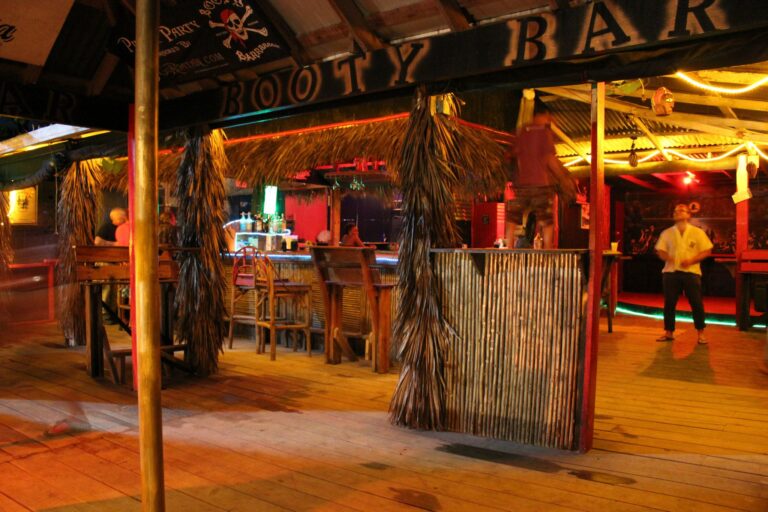 Nighttime scene of a tiki-themed bar in Roatan, Honduras, featuring thatched roof decor, wooden furniture, and colorful lighting with people socializing inside.