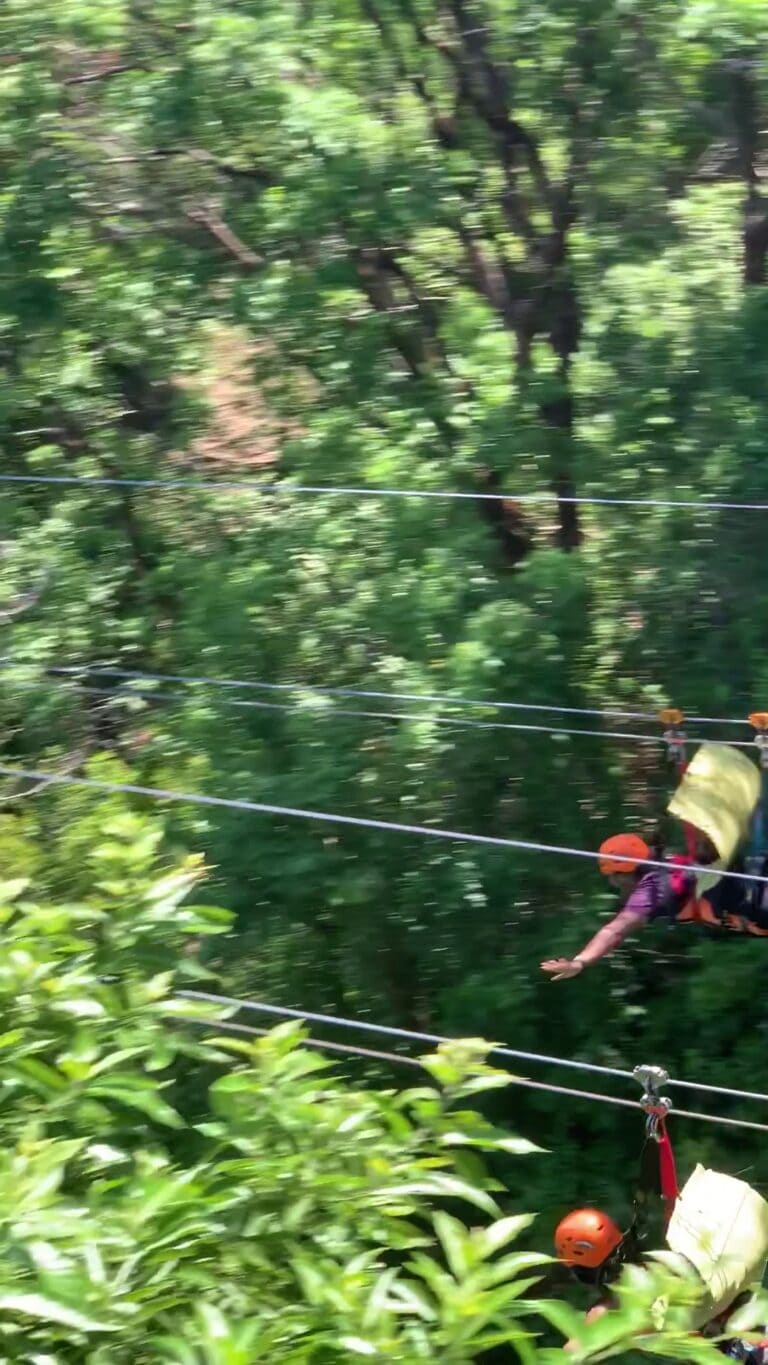 A person wearing a helmet and harness navigates a zip line through dense green trees on Roatan in Honduras.