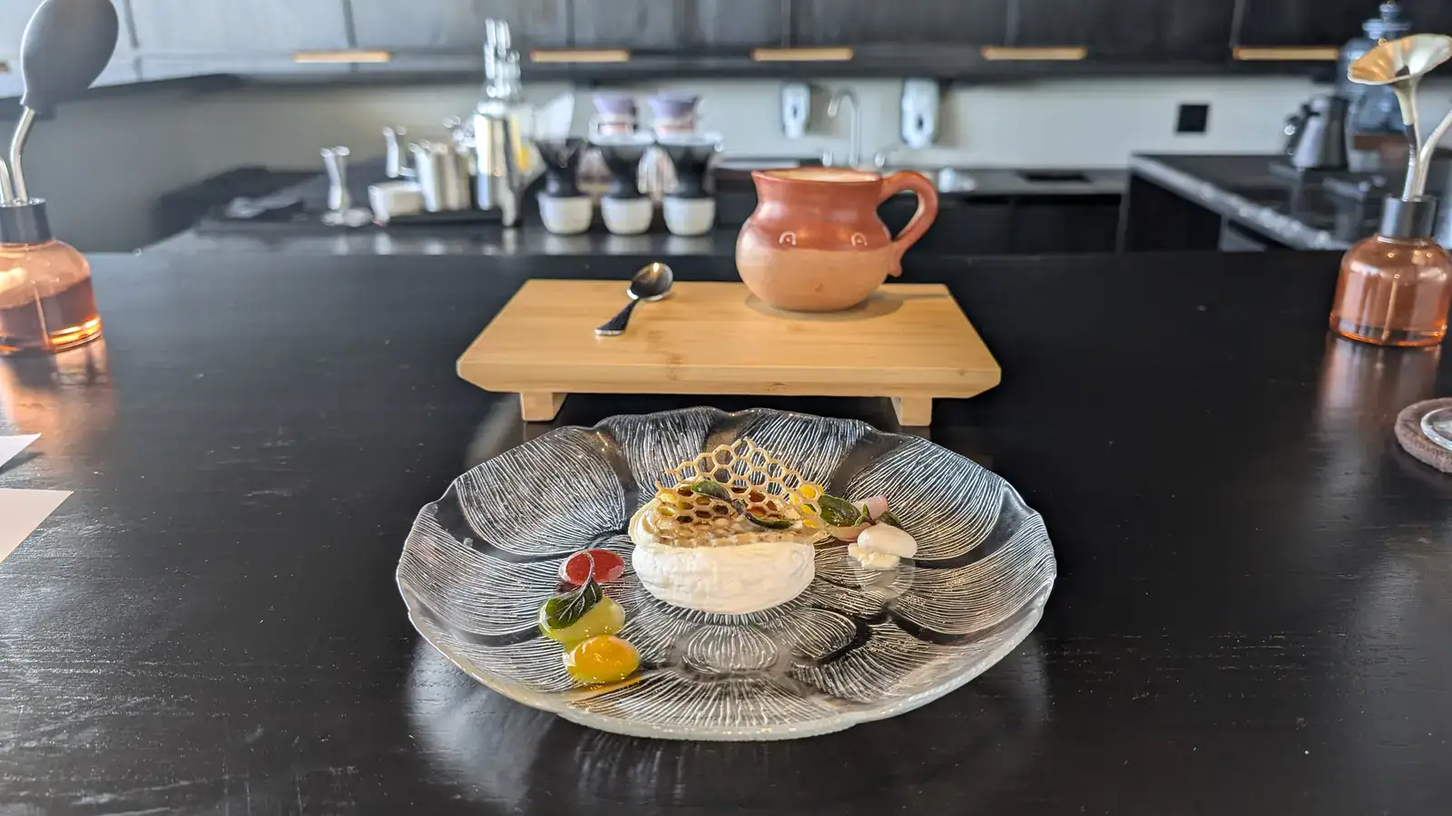 Cappuccino course at Spirit Origin Coffee Omakase — 89-point Marcala Bourbon in a traditional Honduran terracotta clay mug with heart latte art