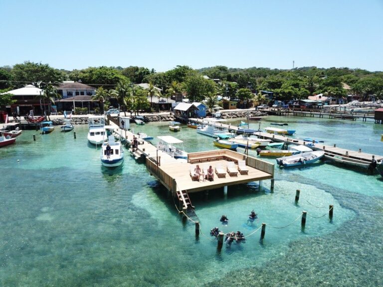 A waterfront marina in Roatan, Honduras, featuring boats docked along a wooden pier, a large deck with lounge chairs, and a coastal town with tropical trees and buildings in the background.