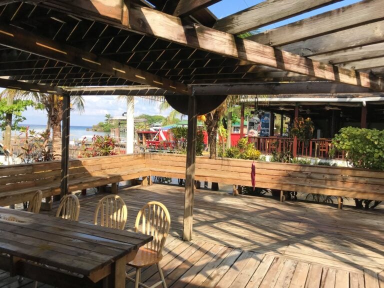 A wooden outdoor dining area with a view of palm trees, the ocean, and colorful buildings on Roatan in Honduras, featuring a shaded deck with chairs and a sign for a restaurant and pizzeria.
