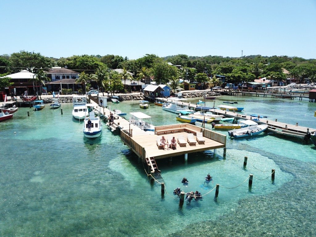 A waterfront marina in Roatan, Honduras, featuring boats docked along a wooden pier, a large deck with lounge chairs, and a coastal town with tropical trees and buildings in the background.