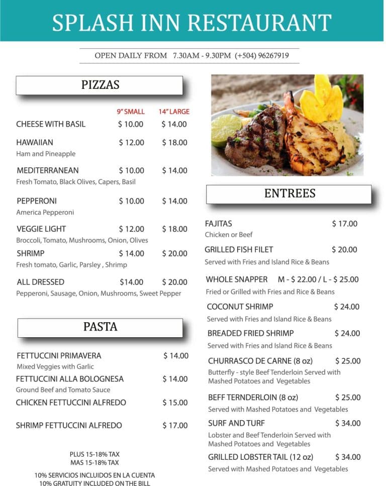 A menu from Splash Inn Restaurant in Roatan, Honduras, displaying various pizza options, seafood entrees, and pasta dishes with prices, alongside a colorful plate of grilled shrimp, pineapple, and lime in the upper right corner.
