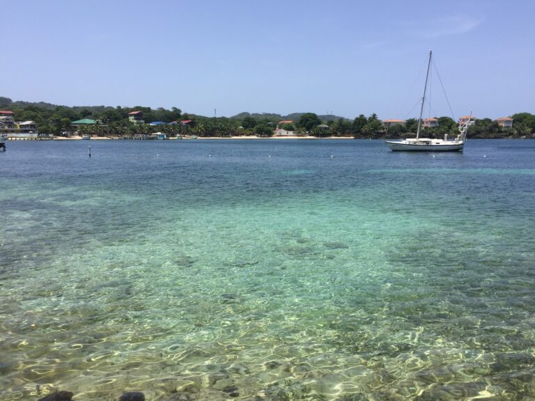 A view of Roatan's coastline in Honduras with clear turquoise water, anchored sailboats, and colorful houses lining the shore under a blue sky.