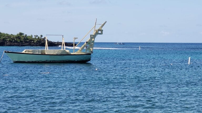 A white diving platform with a ladder and colorful signs is set on the clear blue waters of Roatan, Honduras, with a small boat in the distance near a rocky, green island shoreline.