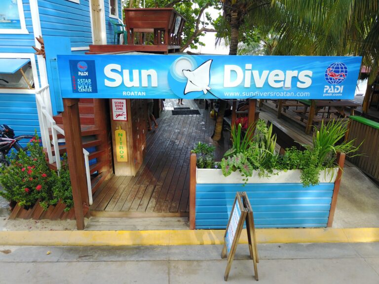 A blue building with a Sun Divers sign advertising scuba diving services in Roatan, Honduras, surrounded by tropical plants and palm trees.