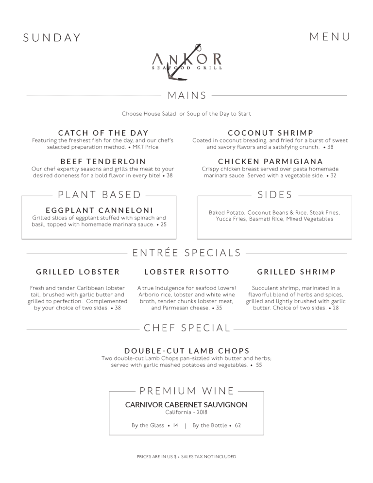 An elegant seafood restaurant menu from Roatan, Honduras displaying various dining options amid a clean, modern design with a restaurant logo featuring an anchor and utensils.