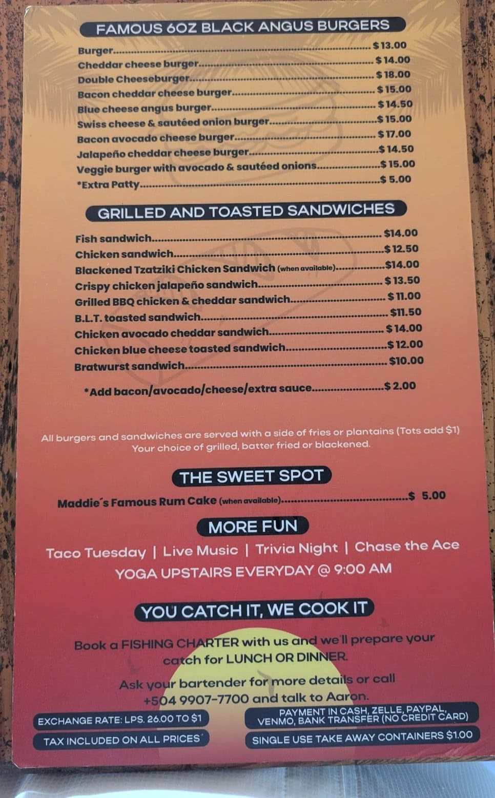Burgers and sandwiches menu at Sundowners Beach Bar West End Roatan