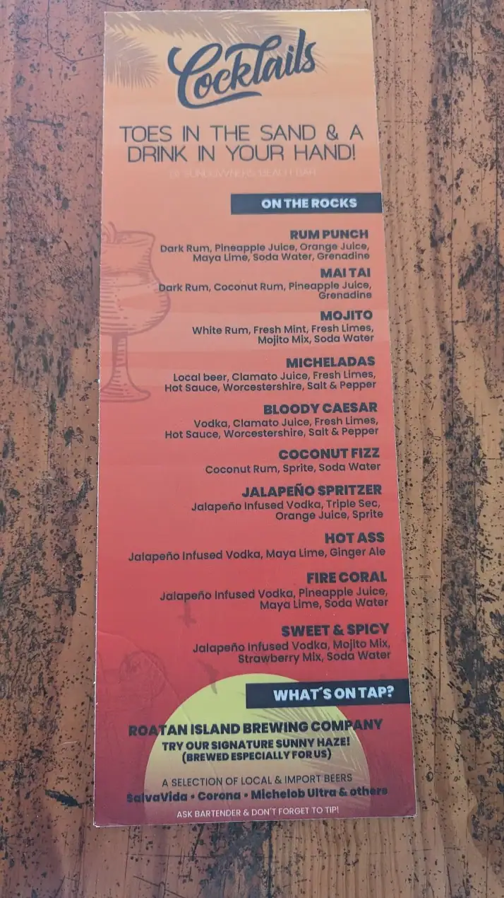 Cocktail menu at Sundowners Beach Bar West End Roatan